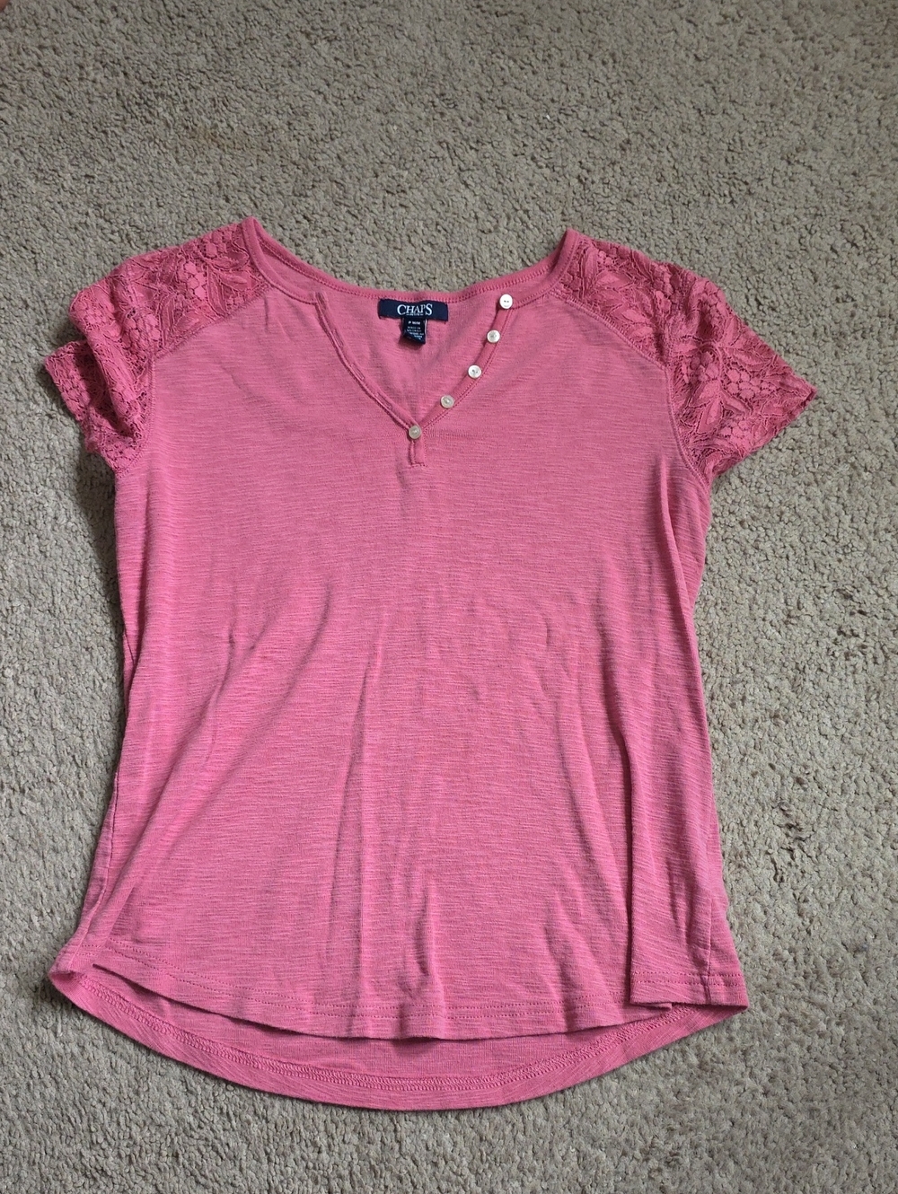 Chaps Rose Pink Lace-Sleeve Short Sleeve Top with Button Detail